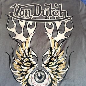 Von Dutch Gray Tee with Gold and Black Winged Eyeball Graphic